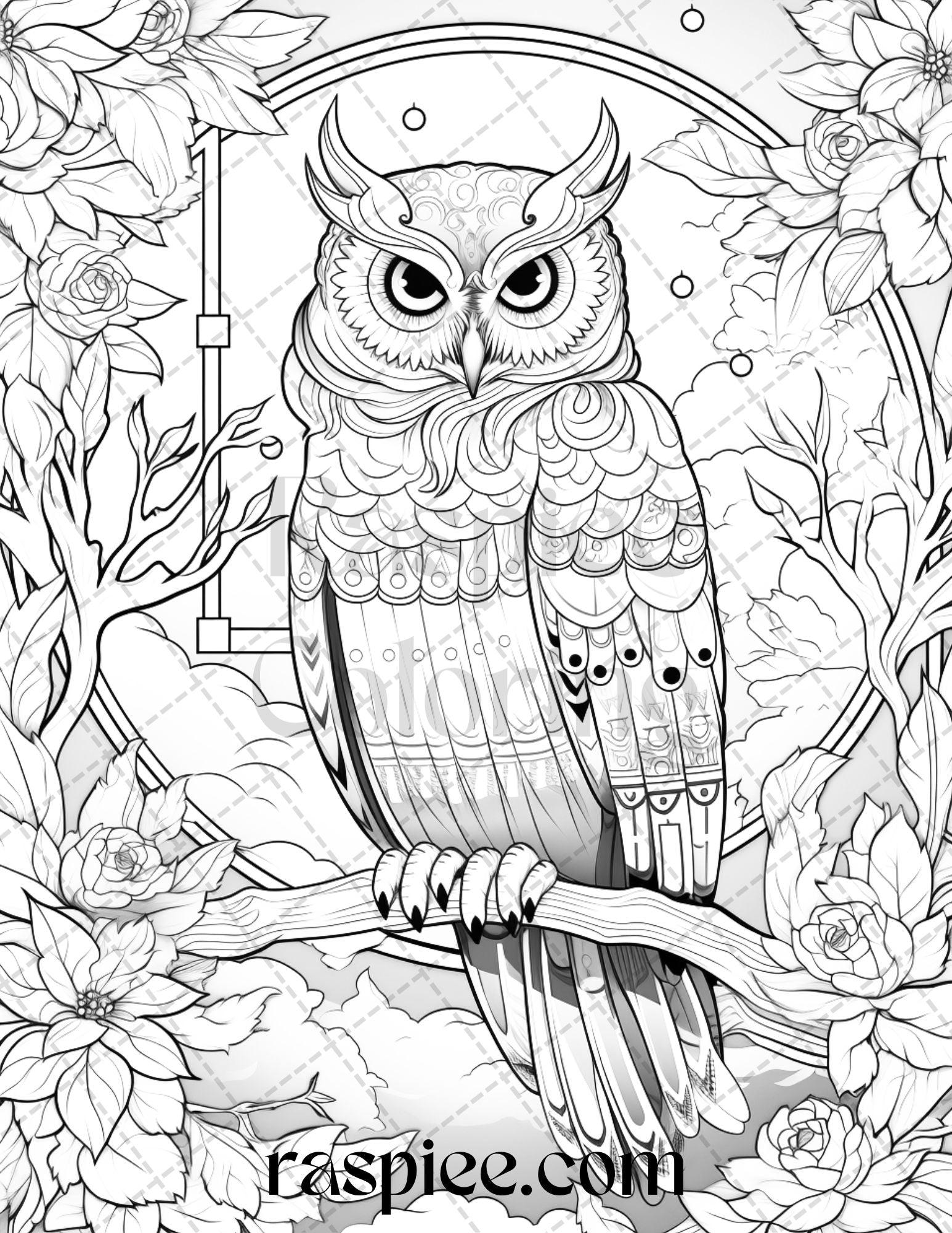 40 Floral Owl Grayscale Printable Coloring Pages for Adults, PDF File Instant Download