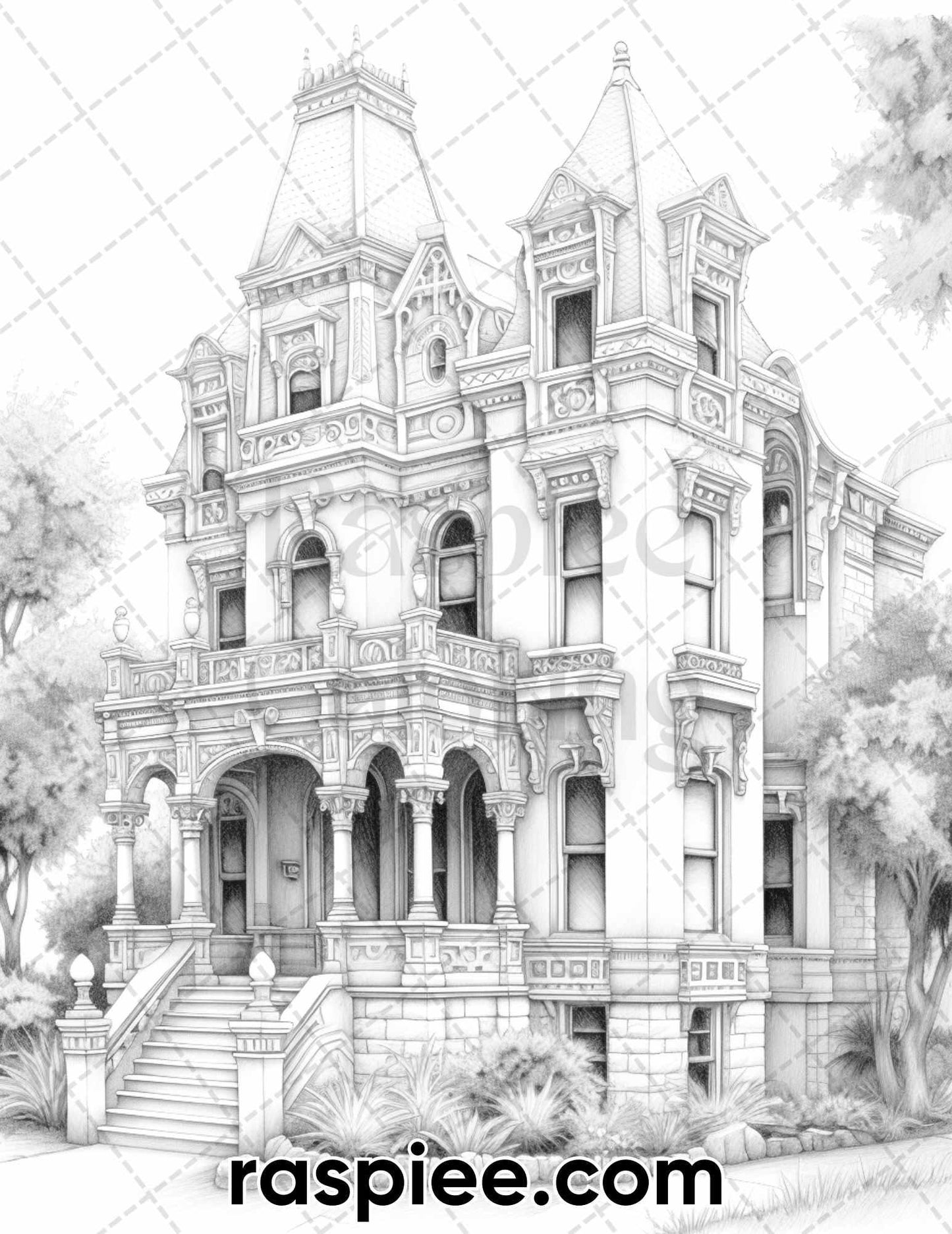 40 Victorian Mansions Grayscale Coloring Pages for Adults, Printable PDF Instant Download