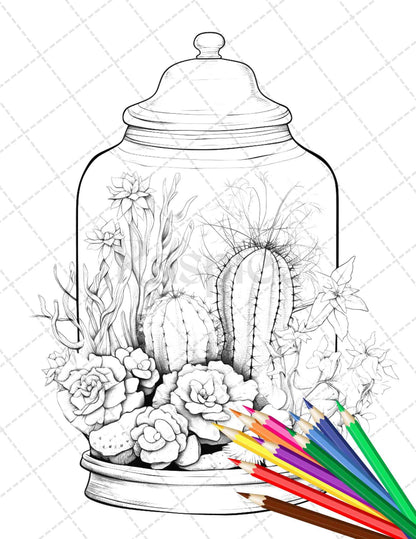 34 Enchanted Terrarium Grayscale Coloring Pages Printable for Adults, PDF File Instant Download