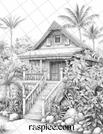 40 Hawaii Tiki Houses Grayscale Coloring Pages Printable for Adults, PDF File Instant Download