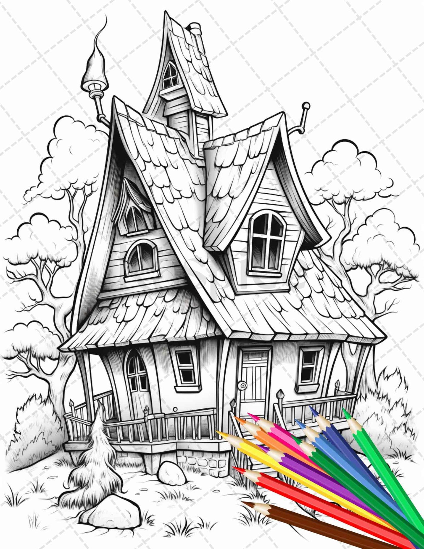 32 Spooky Houses Coloring Pages Printable for Adults, Grayscale Coloring Page, PDF File Instant Download