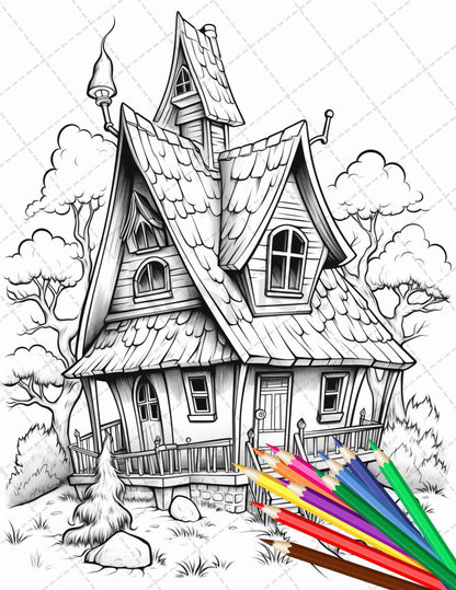 32 Spooky Houses Coloring Pages Printable for Adults, Grayscale Coloring Page, PDF File Instant Download