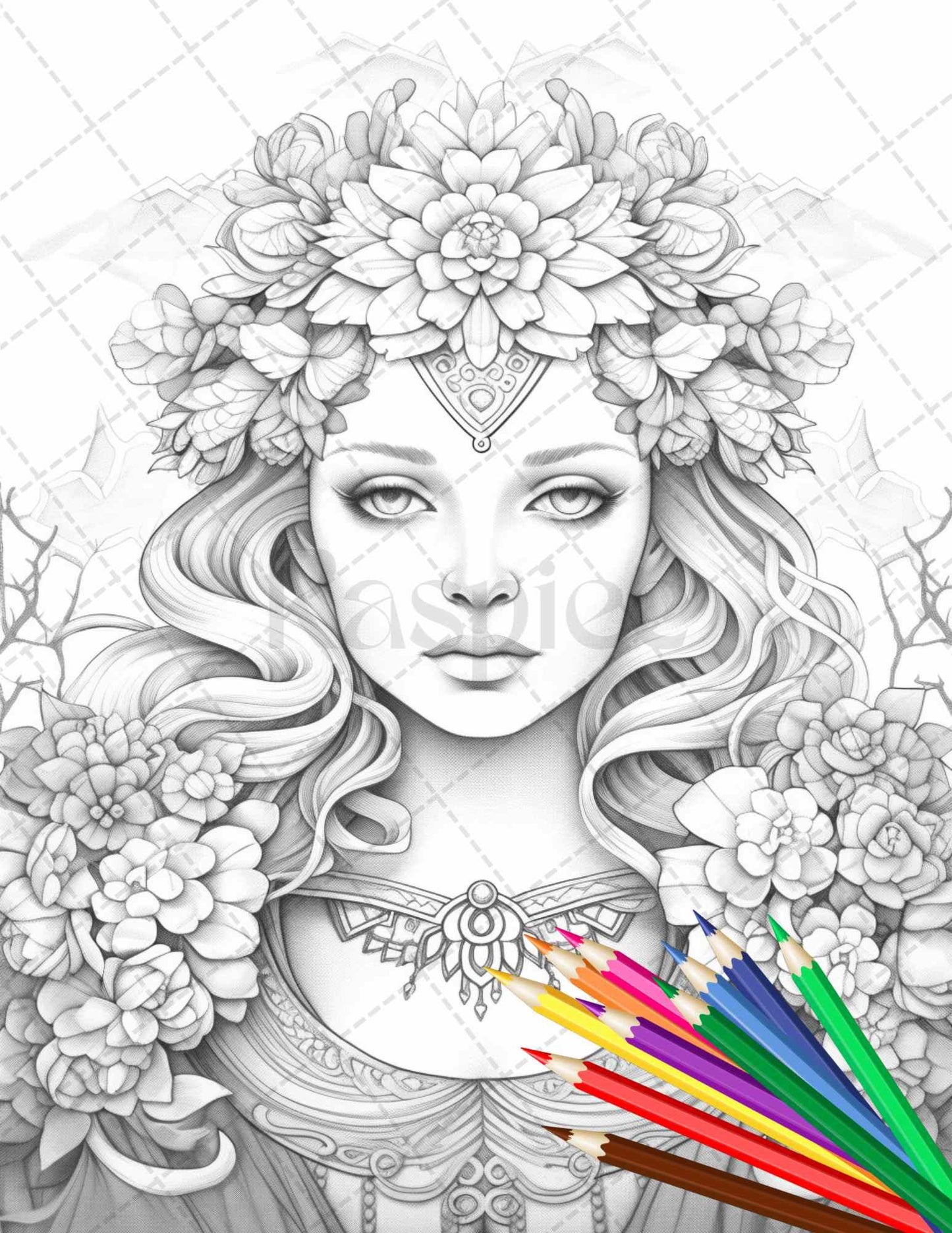 38 Flower Goddess Coloring Pages Printable for Adults, Grayscale Coloring Page, PDF File Instant Download