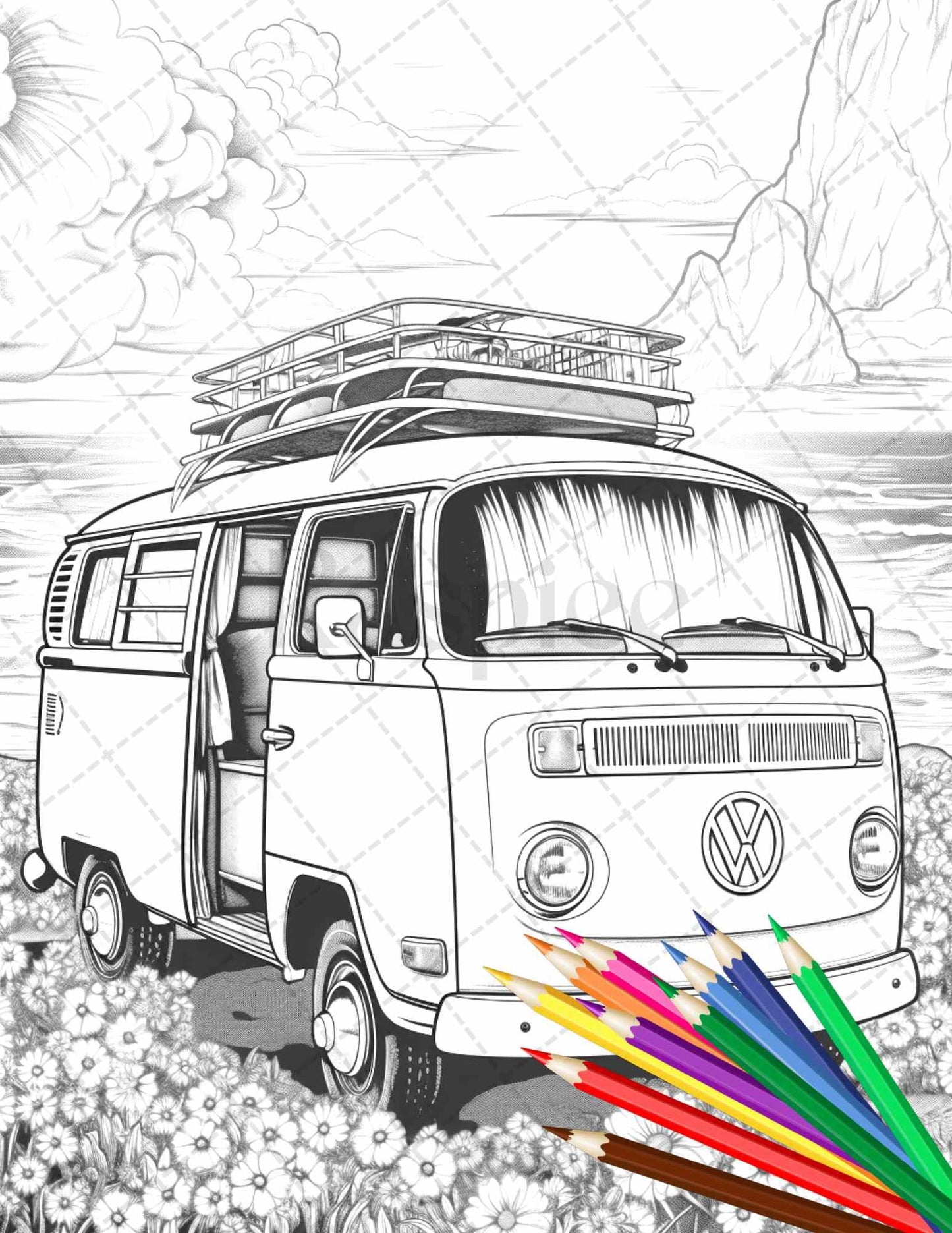 30 Campervan Adventure Grayscale Coloring Pages Printable for Adults, PDF File Instant Download