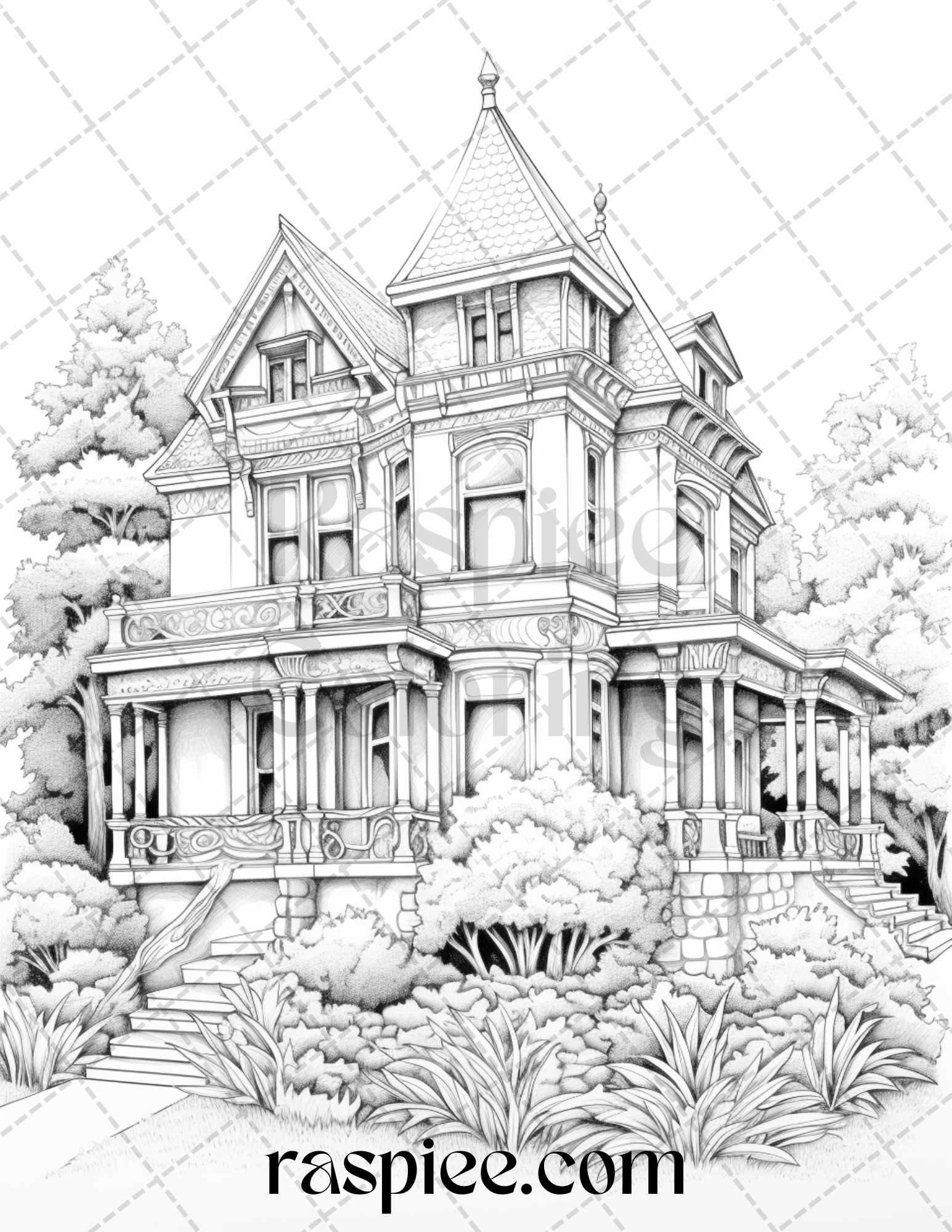 40 Victorian Houses Grayscale Coloring Pages Printable for Adults, PDF File Instant Download