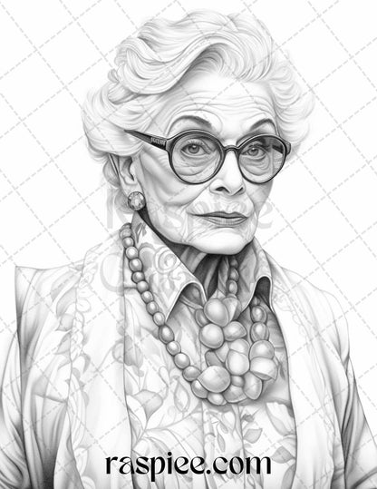 40 Fashionista Grandma Grayscale Coloring Pages Printable for Adults, PDF File Instant Download