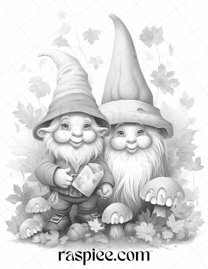 40 Fall Gnomes Grayscale Coloring Pages Printable for Adults Kids, PDF File Instant Download