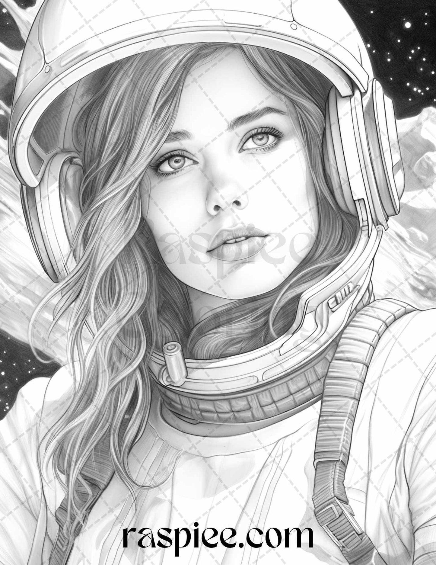 50 Astronaut Girl Portrait Grayscale Coloring Pages Printable for Adults, PDF File Instant Download