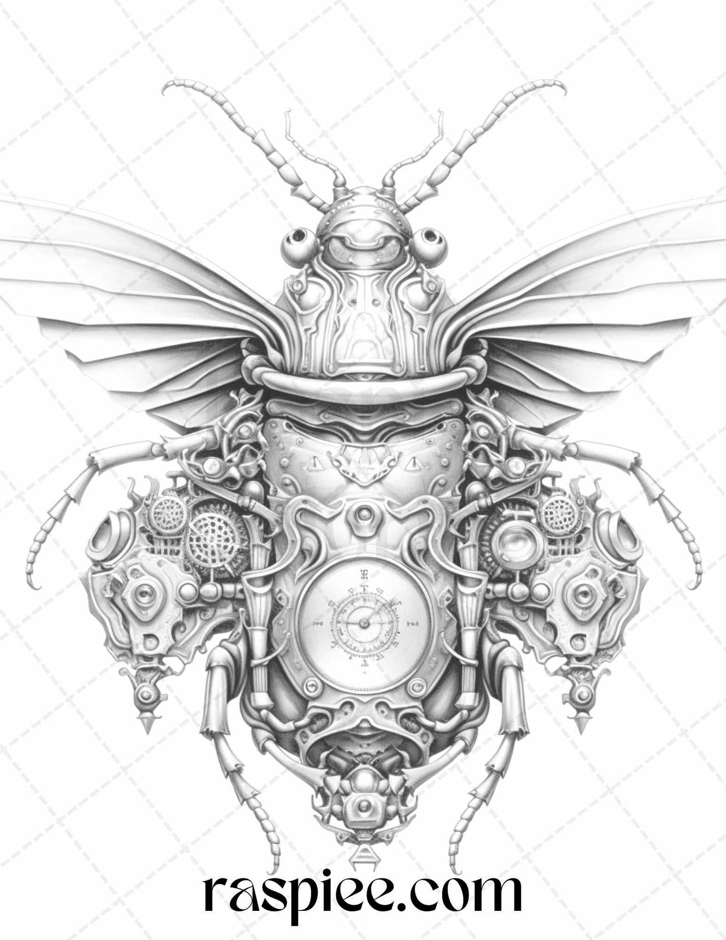 42 Steampunk Bugs Grayscale Coloring Pages Printable for Adults, PDF File Instant Download