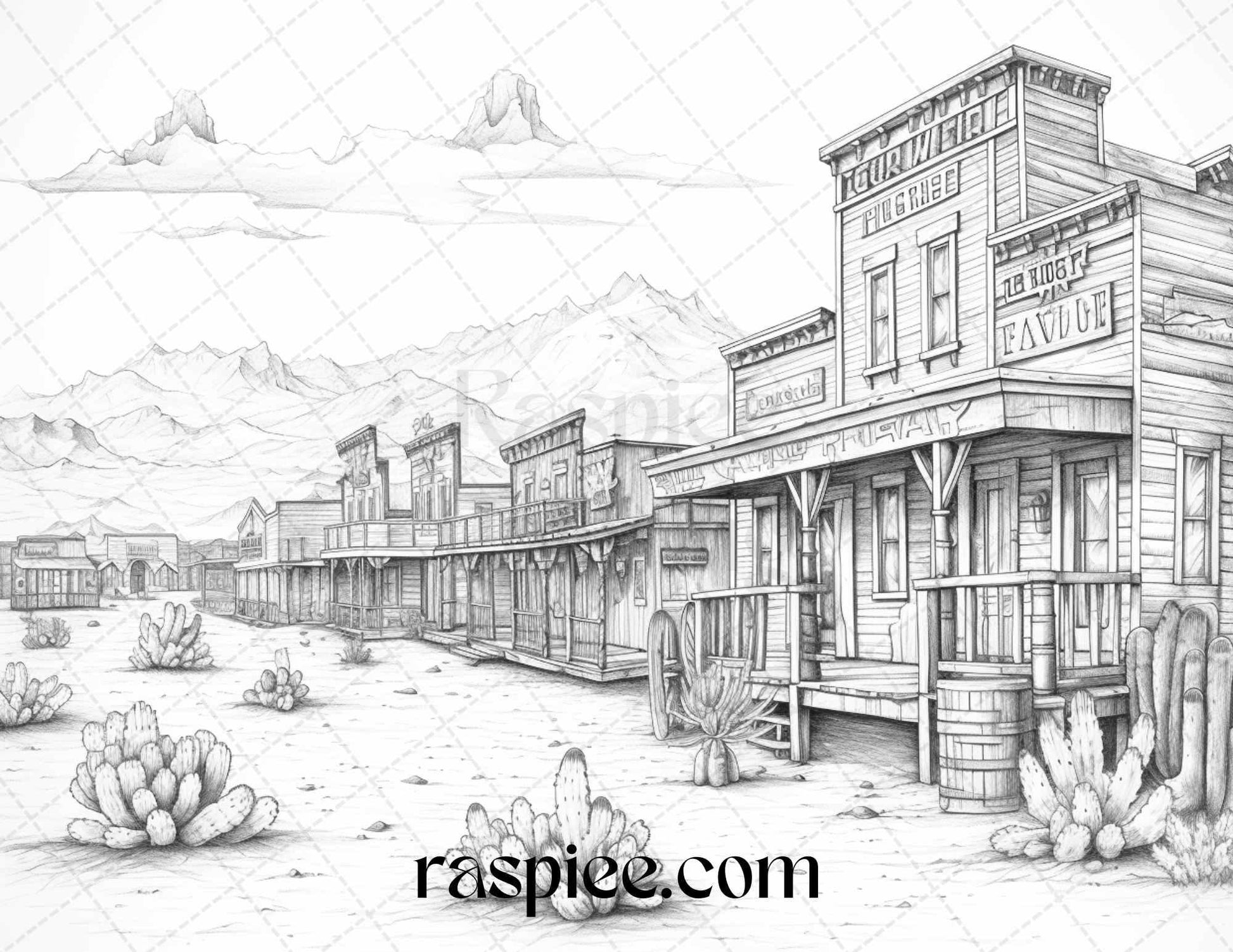 40 Wild West Towns Grayscale Coloring Pages Printable for Adults, PDF File Instant Download