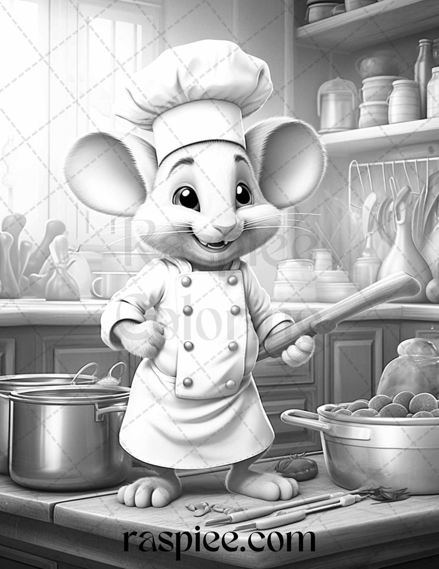 45 Mouse Chef Grayscale Coloring Pages Printable for Adults, PDF File Instant Download