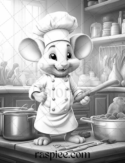 45 Mouse Chef Grayscale Coloring Pages Printable for Adults, PDF File Instant Download