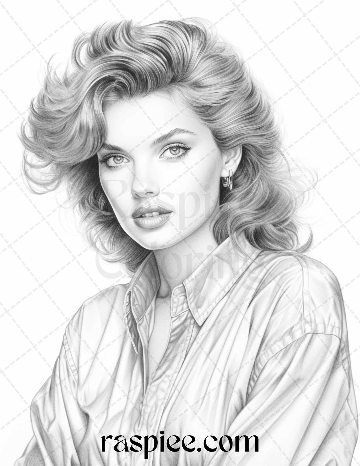 1980s Retro Beautiful Women Grayscale Coloring Pages for Adults, PDF File Instant Download