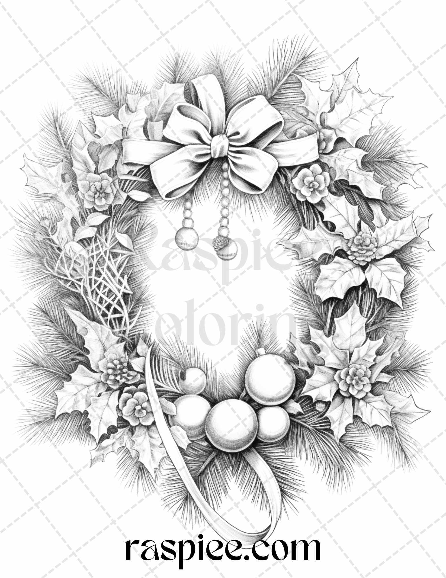 40 Christmas Wreath Grayscale Coloring Pages Printable for Adults, PDF File Instant Download