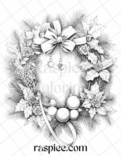 40 Christmas Wreath Grayscale Coloring Pages Printable for Adults, PDF File Instant Download