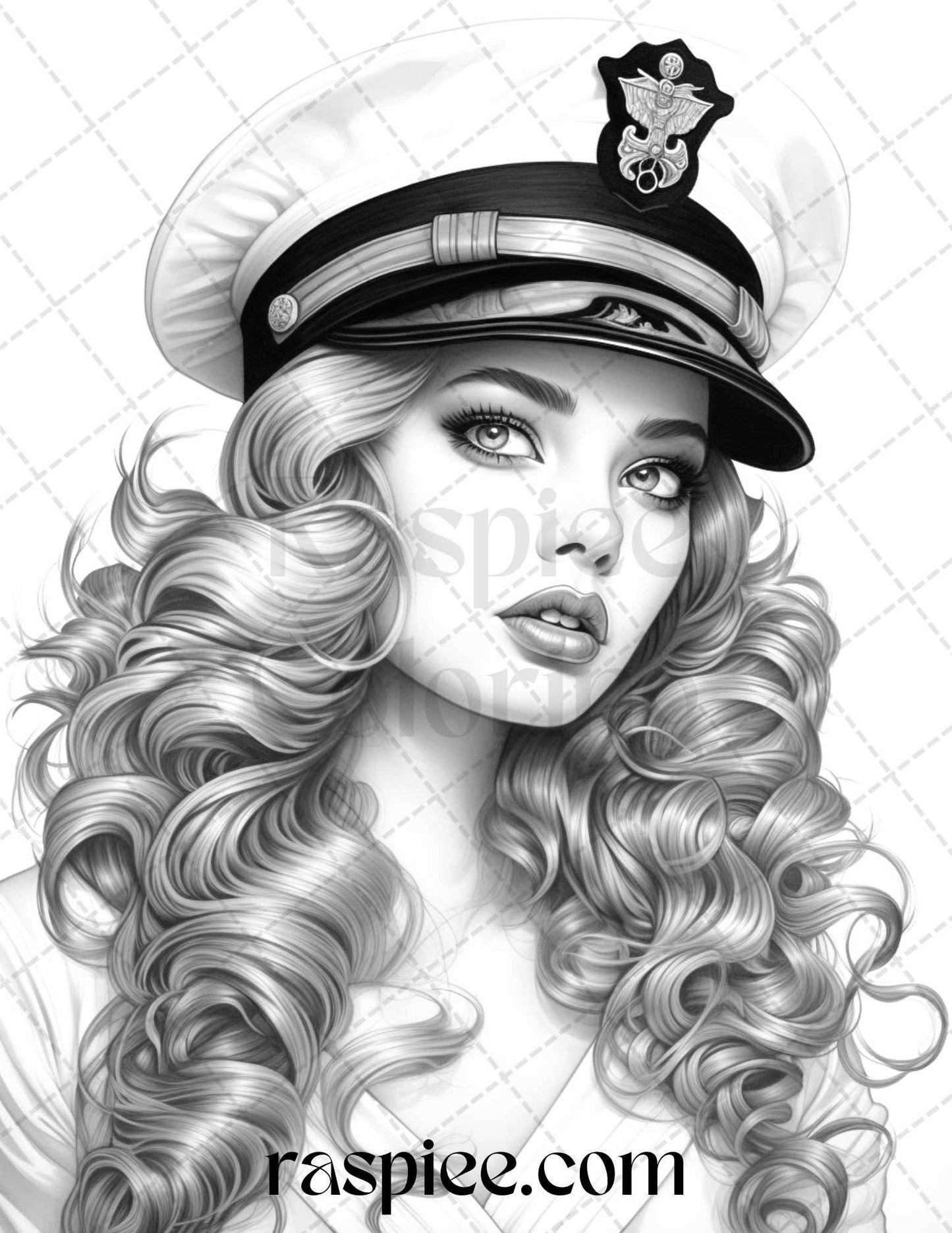 40 Sailor Pin Up Girls Grayscale Coloring Pages Printable for Adults, PDF File Instant Download