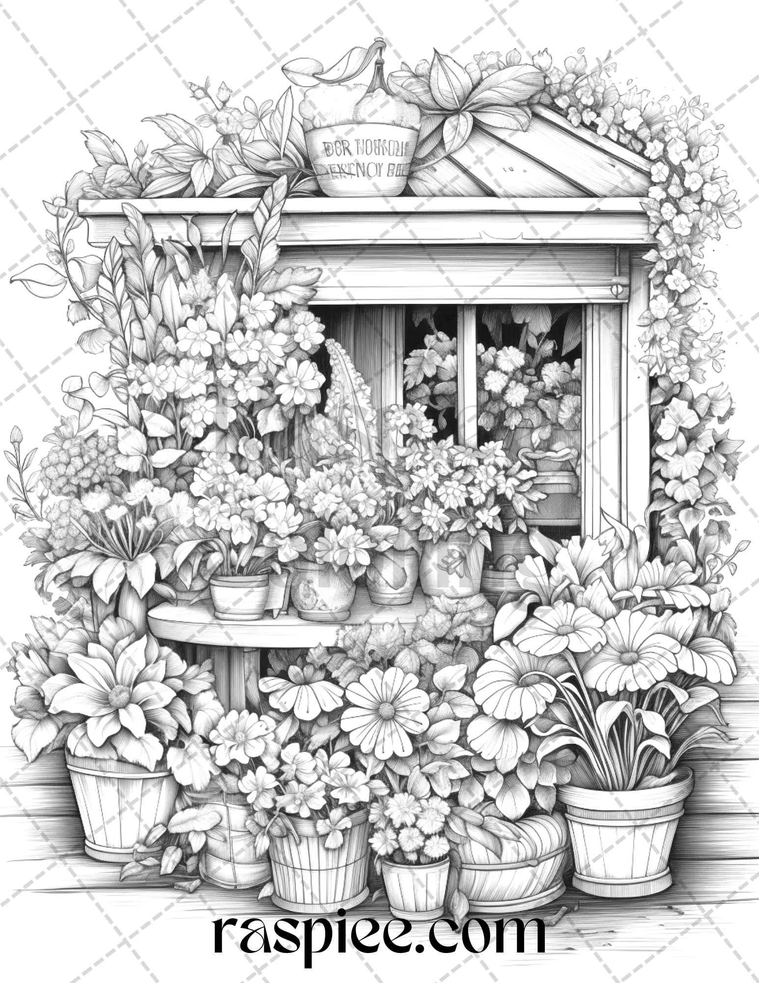 45 Flower Store Front Grayscale Coloring Pages Printable for Adults, PDF File Instant Download