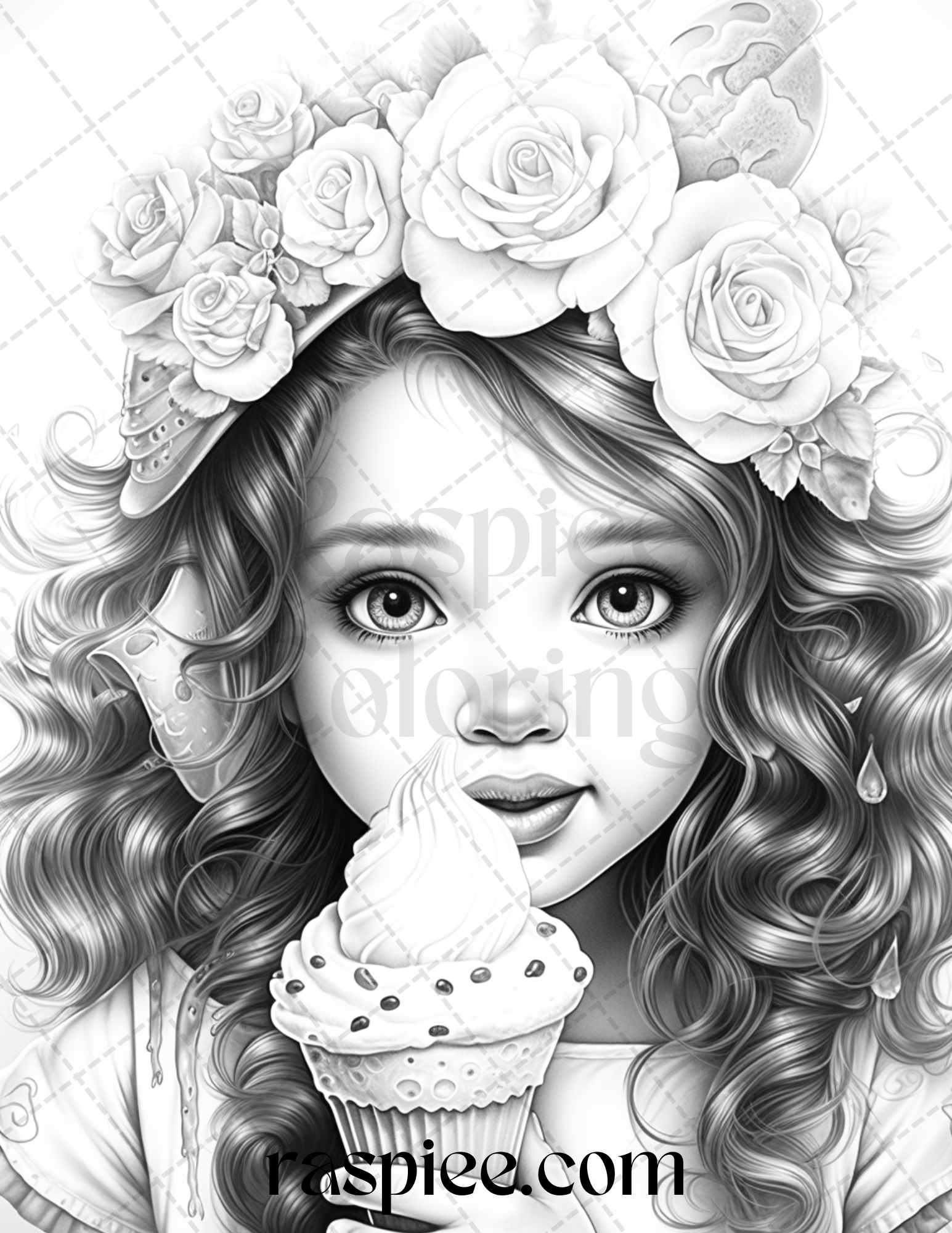 42 Adorable Girls with Ice Cream Grayscale Coloring Pages Printable for Adults Kids, PDF File Instant Download