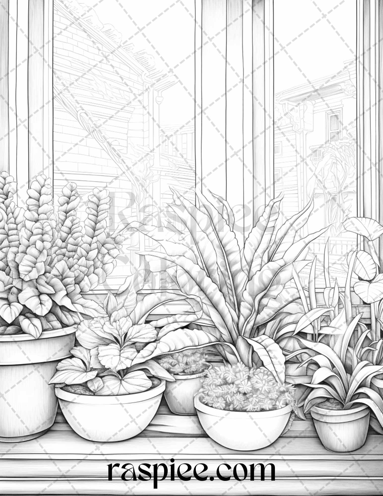 40 Window Plants Grayscale Coloring Pages Printable for Adults, PDF File Instant Download