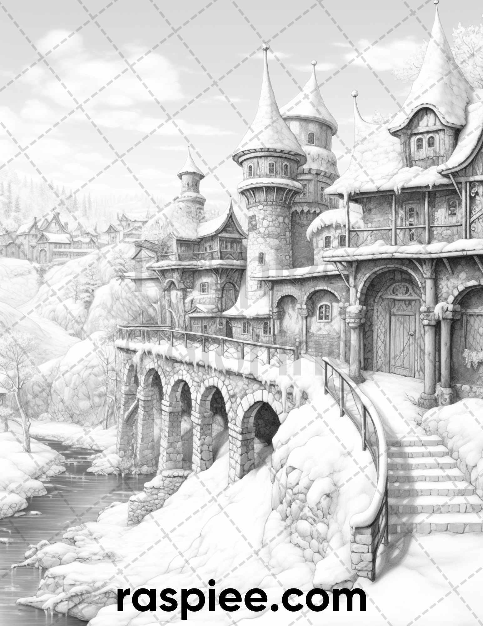 40 Fantasy Winter Village Grayscale Coloring Pages for Adults, PDF File Instant Download