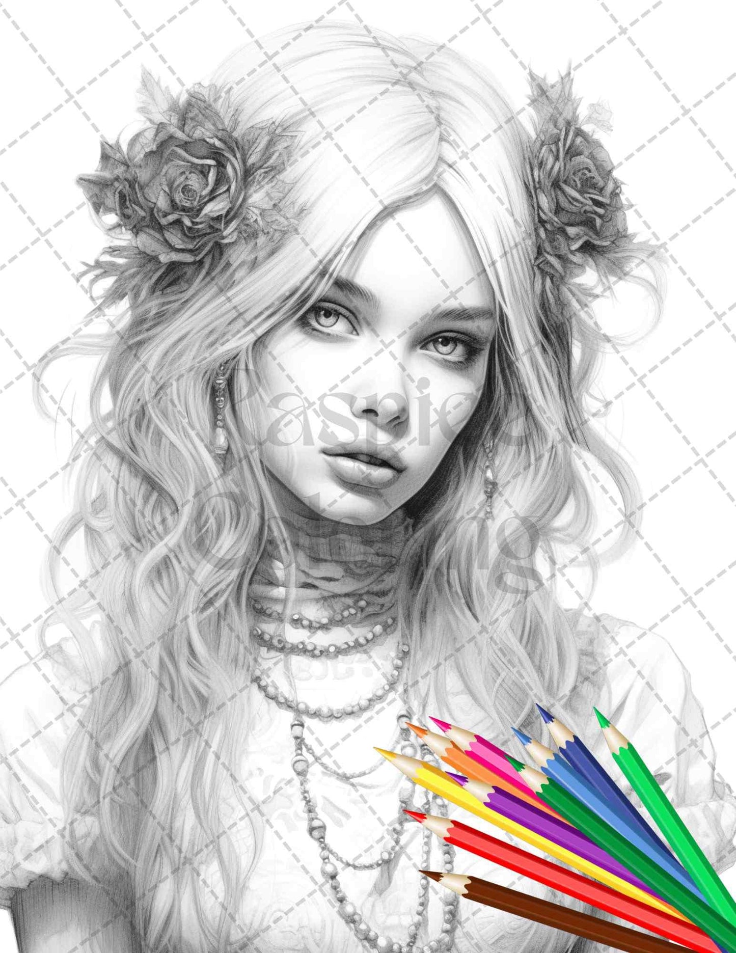 40 Beautiful Gothic Girls Grayscale Coloring Pages Printable for Adults, PDF File Instant Download