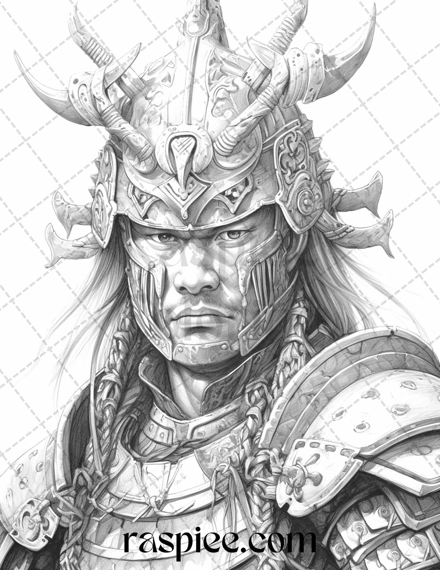 42 Japanese Samurai Grayscale Coloring Pages for Adults, Printable PDF File Instant Download