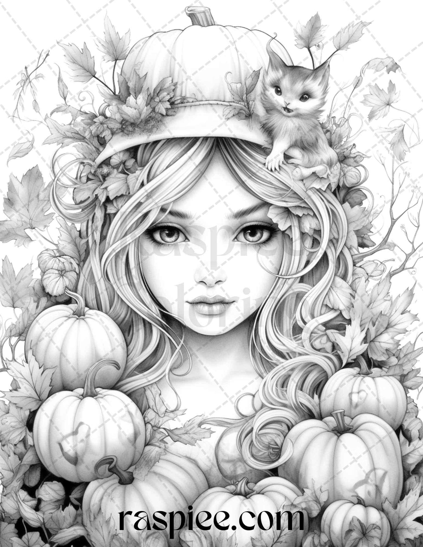 40 Pumpkin Fairy Girls Grayscale Coloring Pages Printable for Adults, PDF File Instant Download