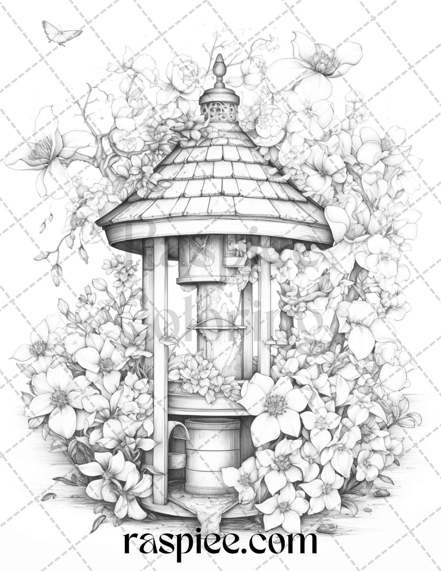 40 Whimsical Wishing Wells Grayscale Coloring Pages Printable for Adults, PDF File Instant Download