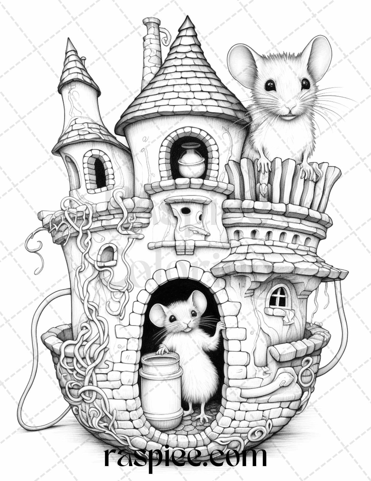 40 Magical Mouse Houses Grayscale Coloring Pages Printable for Adults, PDF File Instant Download