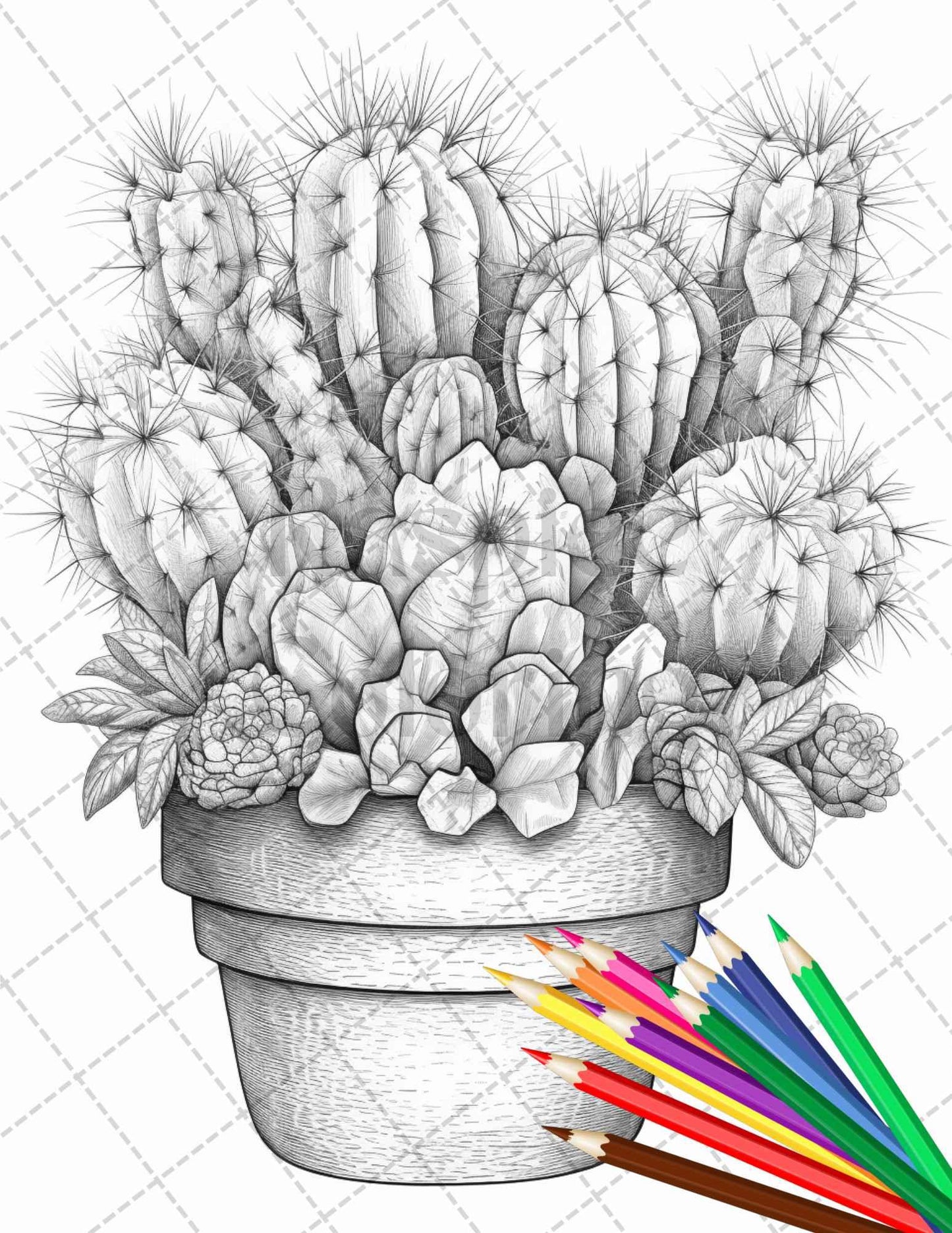 40 Charming Cactus Pots Grayscale Coloring Pages Printable for Adults, PDF File Instant Download