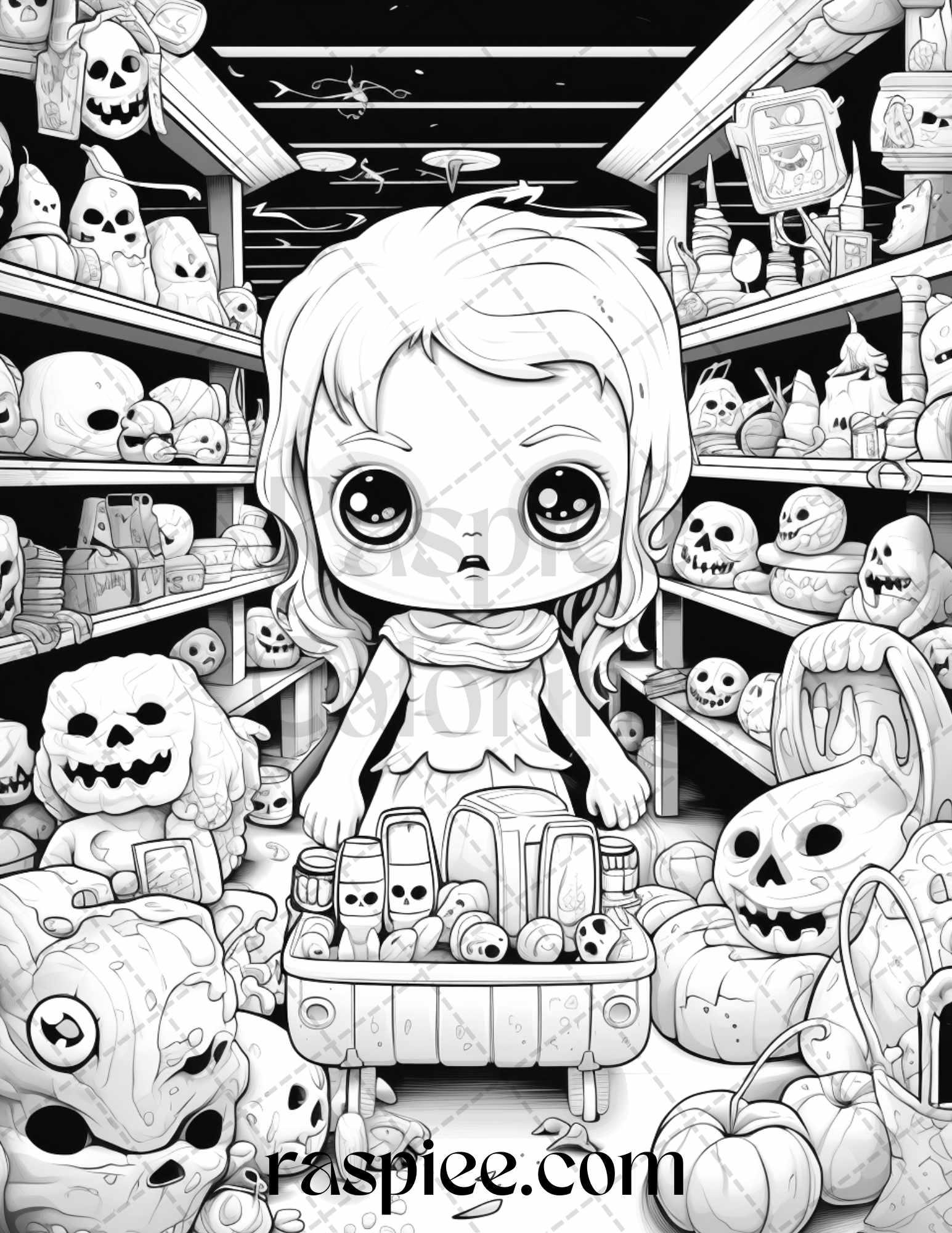 40 Halloween Creepy Kawaii Grayscale Coloring Pages for Adults and Kids, Printable PDF File Instant Download