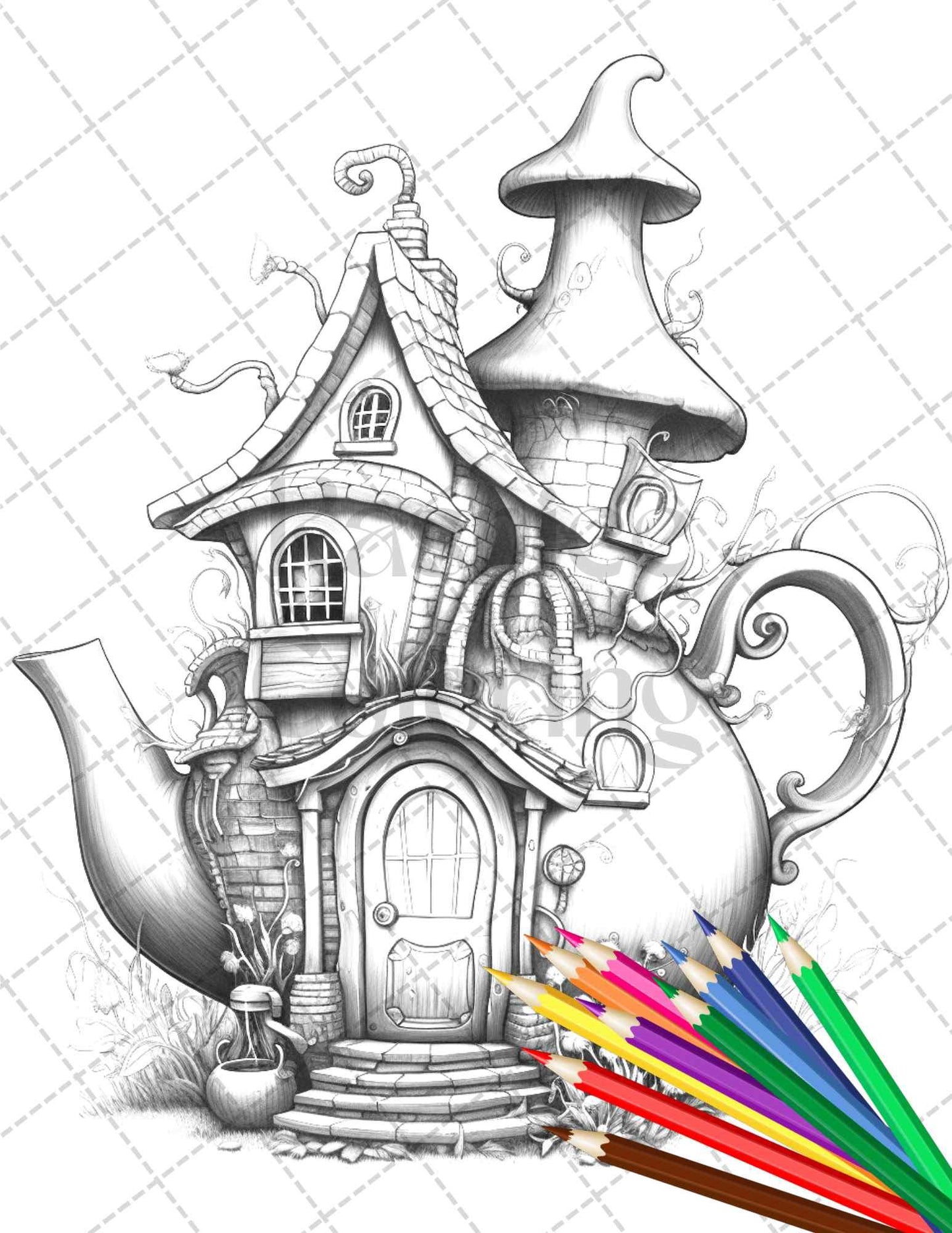 40 Teapot Fairy Houses Grayscale Coloring Pages Printable for Adults, PDF File Instant Download