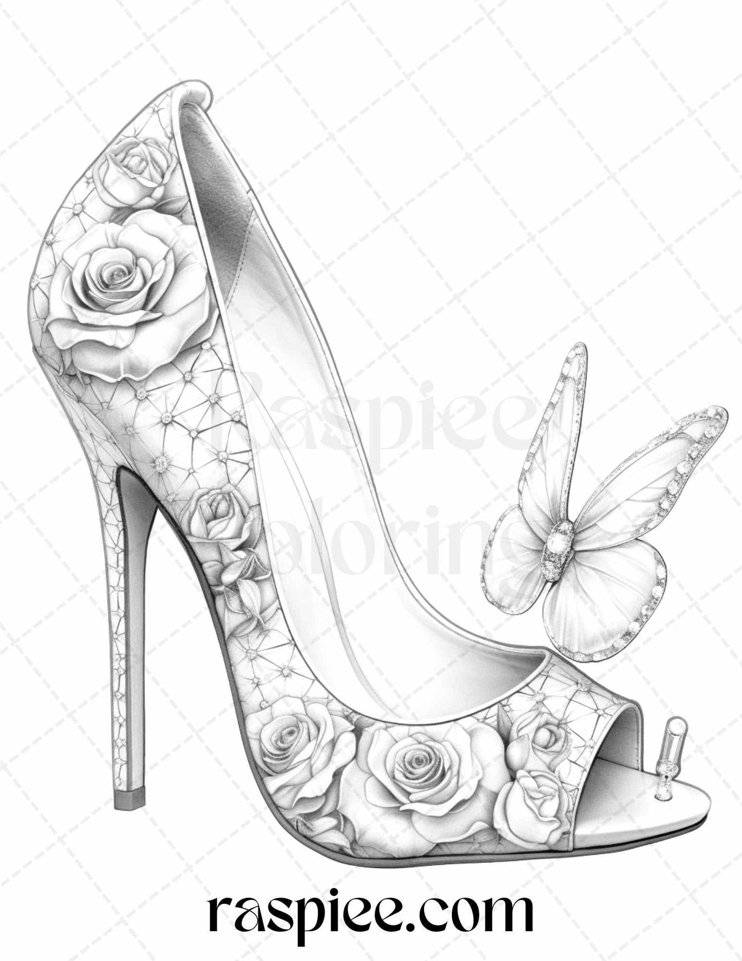 40 Flower Wedding Shoes Grayscale Coloring Pages Printable for Adults, PDF File Instant Download