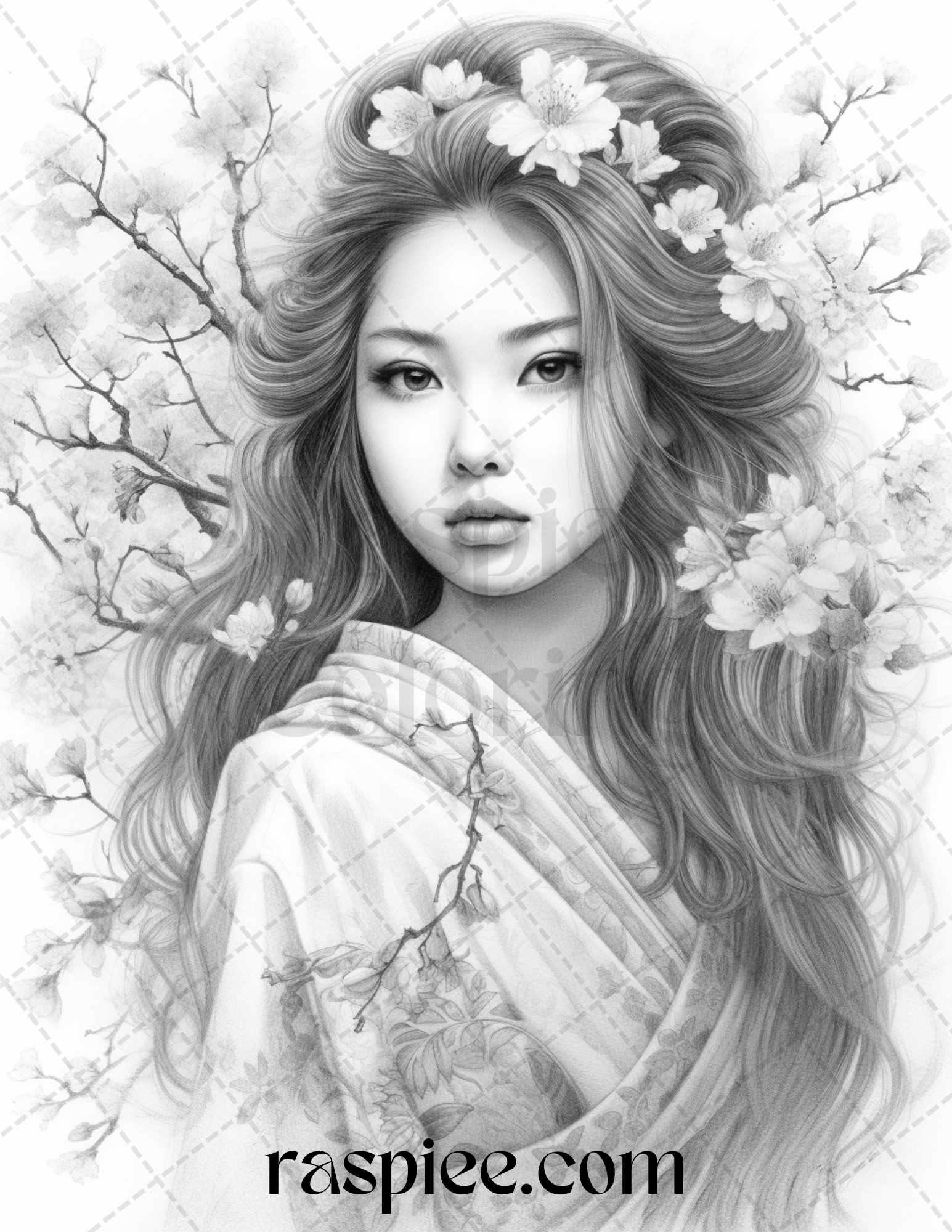 40 Beautiful Japanese Girls Grayscale Coloring Pages Printable for Adults, PDF File Instant Download