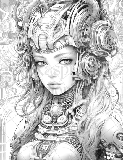 40 Beautiful Cyborg Girls Grayscale Coloring Pages Printable for Adults, PDF File Instant Download