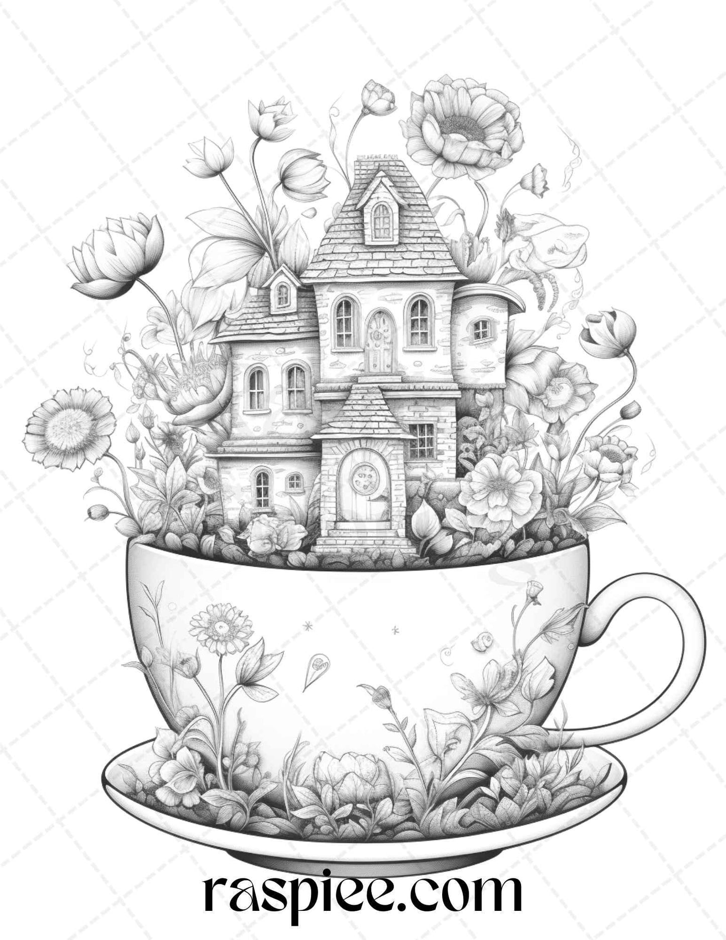 40 Flower Teacup Fairy Houses Grayscale Coloring Pages Printable for Adults, PDF File Instant Download