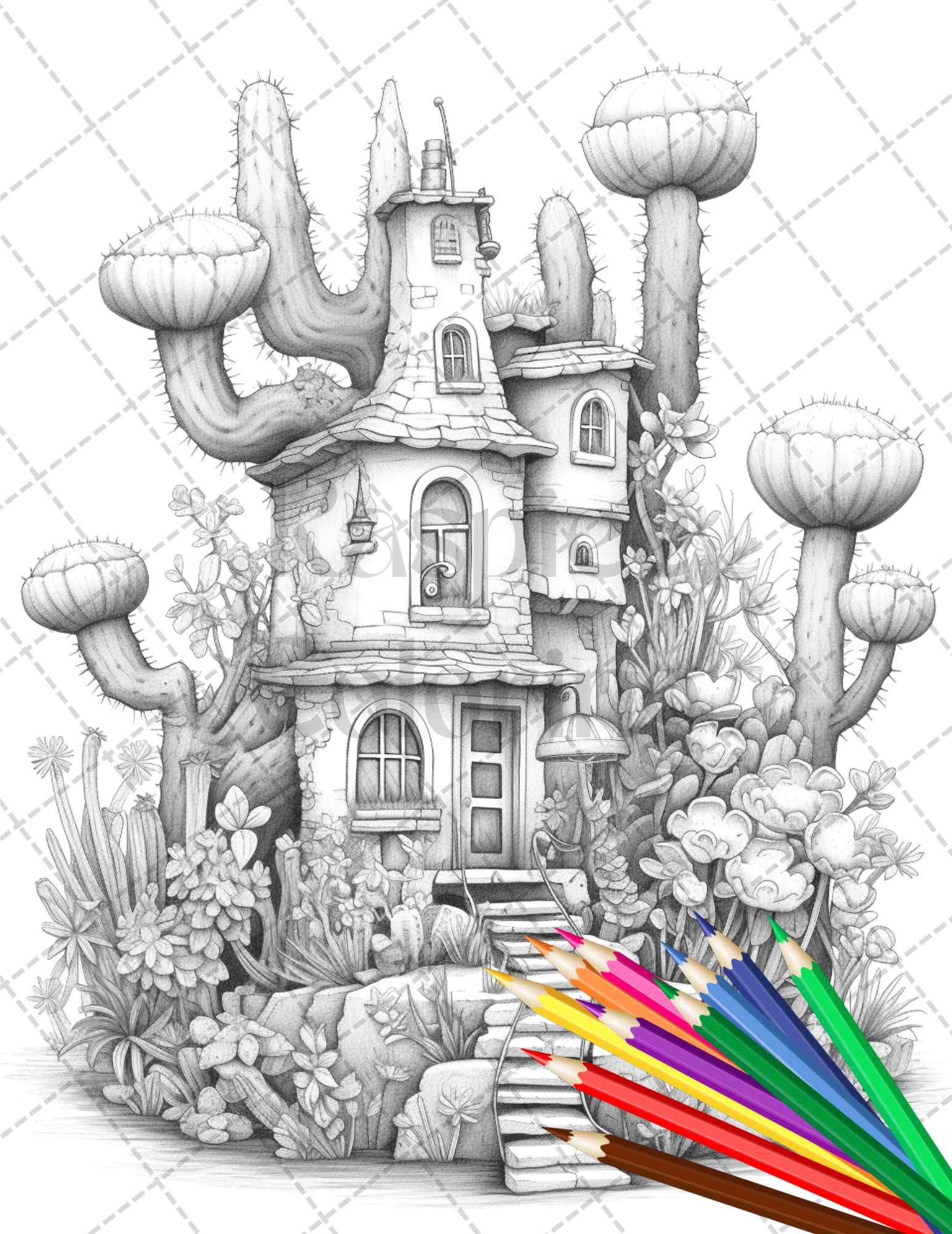 46 Fantasy Cactus Houses Grayscale Coloring Pages Printable for Adults, PDF File Instant Download