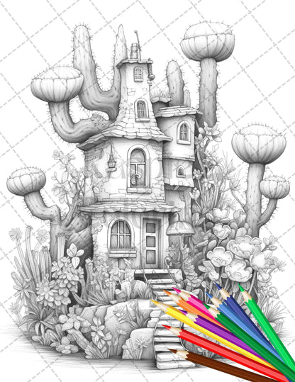 46 Fantasy Cactus Houses Grayscale Coloring Pages Printable for Adults, PDF File Instant Download