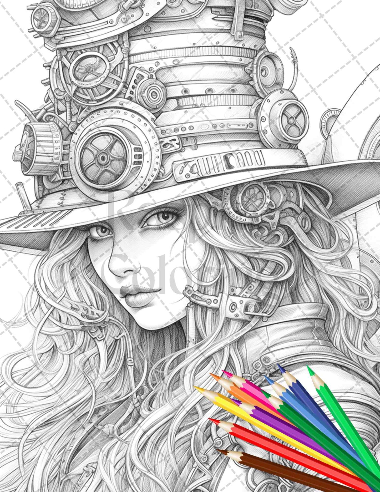 40 Steampunk Ladies Grayscale Coloring Pages Printable for Adults, PDF File Instant Download