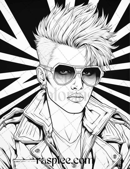 1980s New Wave Pop Star Grayscale Coloring Pages Printable for Adults, PDF File Instant Download