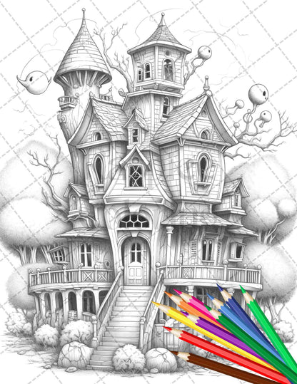 40 Creepy Gothic Houses Grayscale Coloring Pages Printable for Adults, PDF File Instant Download