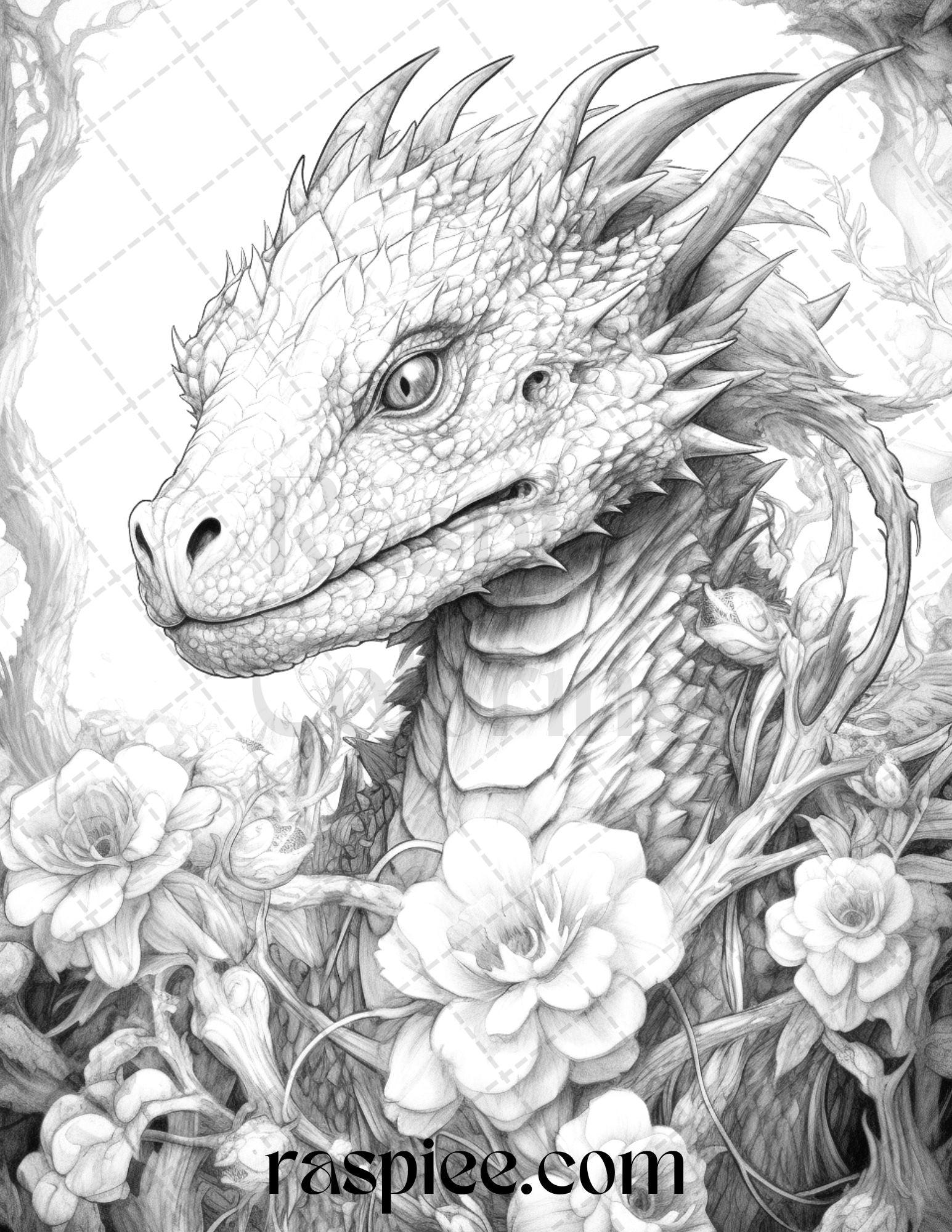 40 Flower Dragon Grayscale Coloring Pages Printable for Adults, PDF File Instant Download