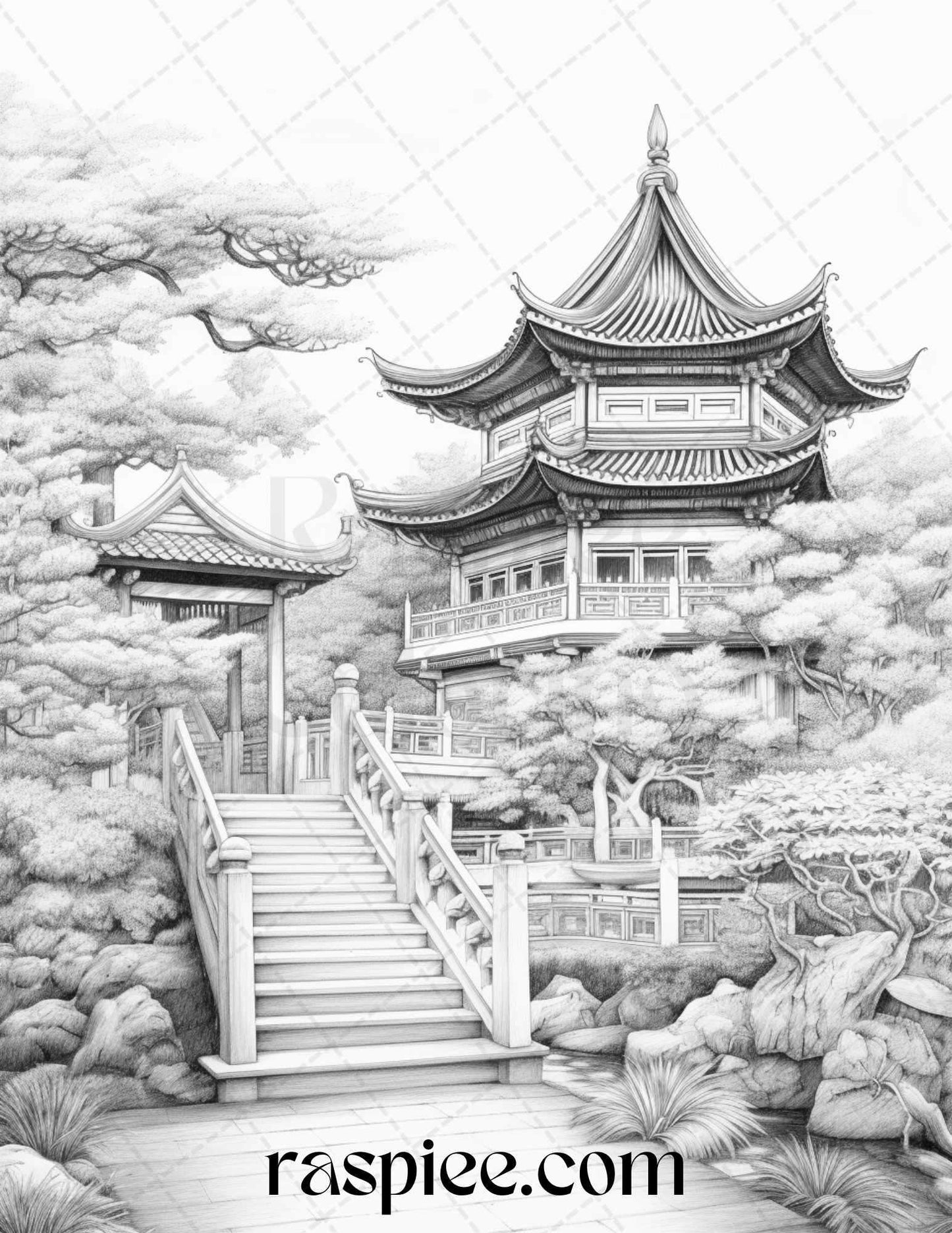 40 Traditional Chinese Houses Grayscale Coloring Pages Printable for Adults, PDF File Instant Download