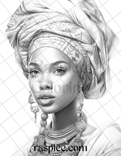 40 Beautiful African Women Grayscale Coloring Pages Printable for Adults, PDF File Instant Download