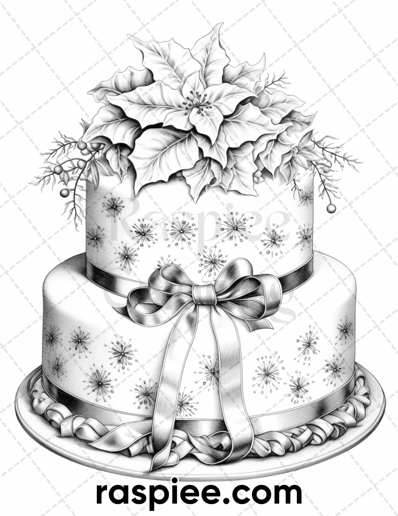 45 Christmas Cakes Grayscale Coloring Pages for Adults, Printable PDF File Instant Download