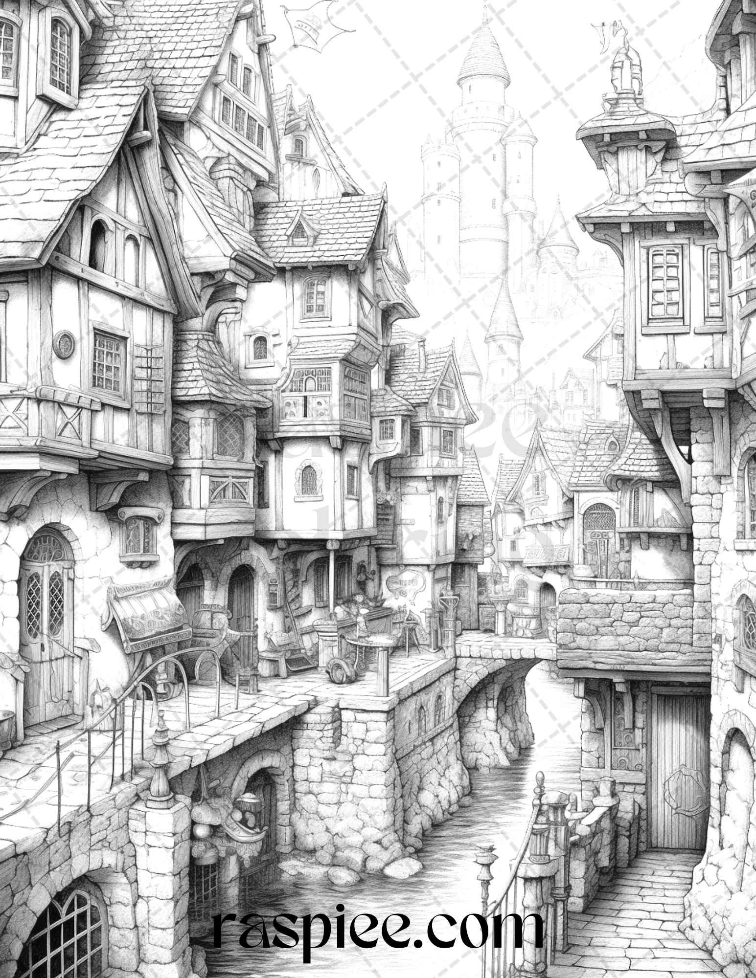 40 Fantasy Village Grayscale Coloring Pages Printable for Adults, PDF File Instant Download