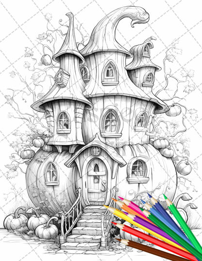 40 Pumpkin Fairy Houses Grayscale Coloring Pages Printable for Adults, PDF File Instant Download