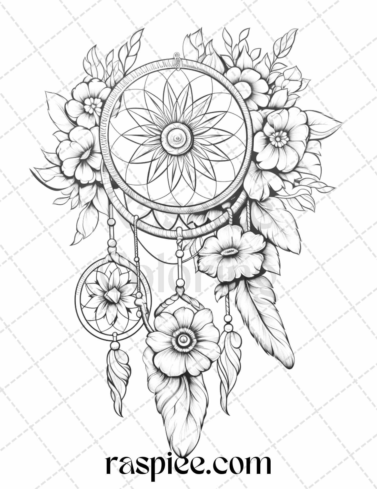 30 Flower Dreamcatcher Grayscale Coloring Pages Printable for Adults, PDF File Instant Download