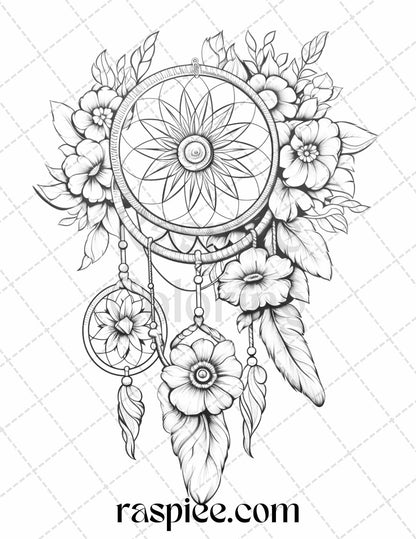 30 Flower Dreamcatcher Grayscale Coloring Pages Printable for Adults, PDF File Instant Download