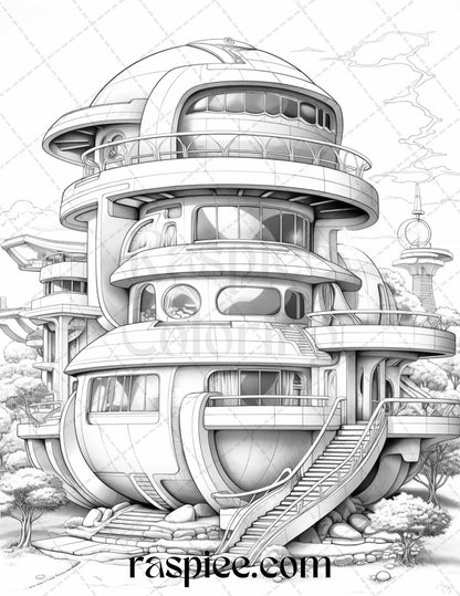 43 Futuristic Houses Grayscale Coloring Pages Printable for Adults, PDF File Instant Download